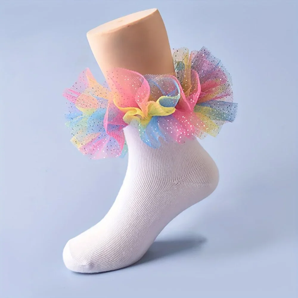 1 Pair Baby Kids Simple Solid Liner Anklets Socks With Rainbow Mesh